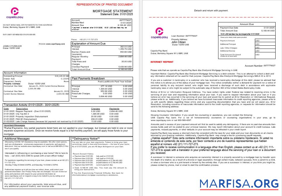 Printable UAE Capella Pay bank mortgage statement in Word and PDF formats, 3 pages 1 2 download for verification